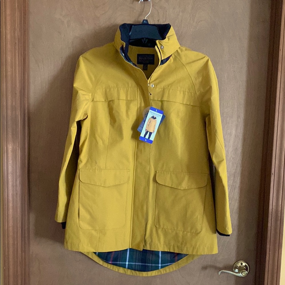 NWT Pendleton Yellow Goldenrod Raincoat with Hood & green Plaid lining